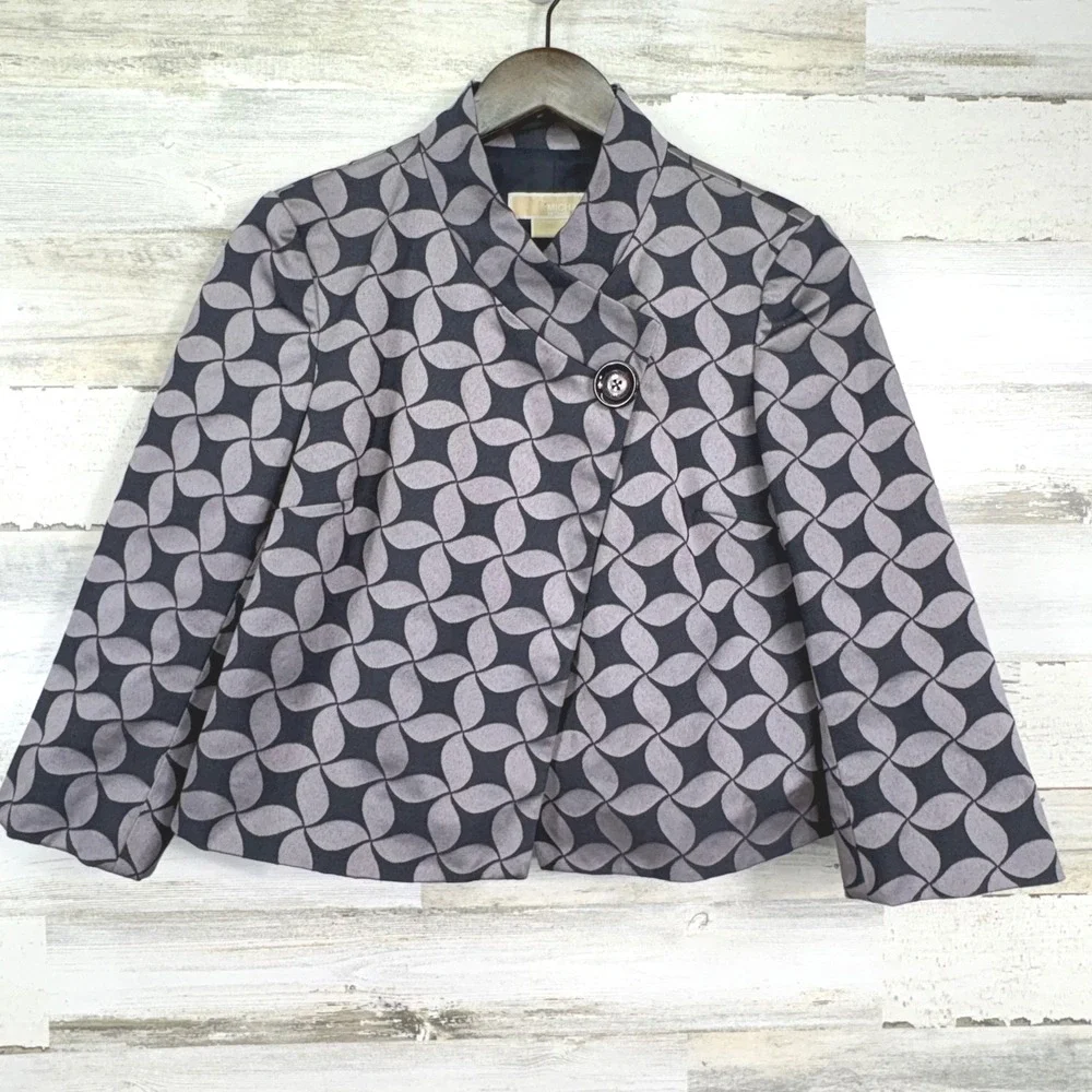 MICHAEL‎ Michael Kors Womens Black Gray Geometric Print Blazer Jacket Size 2